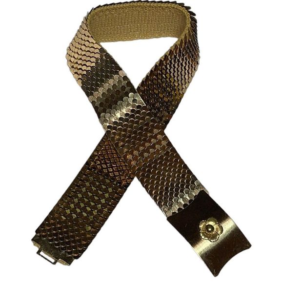 Vintage Garay Gold Tone Snake Belt Stretch Fish Scale Elastic Flower Acc… - Picture 2 of 8